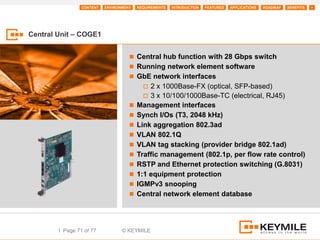 CONTENT   ENVIRONMENT   REQUIREMENTS   INTRODUCTION   FEATURES   APPLICATIONS   ROADMAP   BENEFITS   +




Central Unit – COGE1


                                      Central hub function with 28 Gbps switch
                                      Running network element software
                                      GbE network interfaces
                                            2 x 1000Base-FX (optical, SFP-based)
                                            3 x 10/100/1000Base-TC (electrical, RJ45)
                                        Management interfaces
                                        Synch I/Os (T3, 2048 kHz)
                                        Link aggregation 802.3ad
                                        VLAN 802.1Q
                                        VLAN tag stacking (provider bridge 802.1ad)
                                        Traffic management (802.1p, per flow rate control)
                                        RSTP and Ethernet protection switching (G.8031)
                                        1:1 equipment protection
                                        IGMPv3 snooping
                                        Central network element database




        I Page 71 of 77           © KEYMILE
 