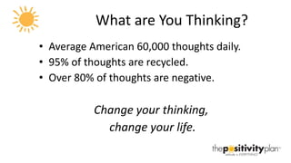 What are You Thinking? Average American 60,000 thoughts daily. 95% of thoughts are recycled. Over 80% of thoughts are negative. Change your thinking,  change your life. 
