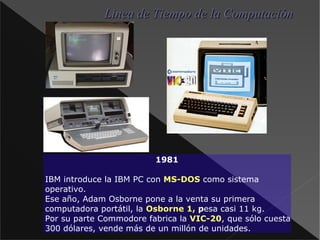 1981 IBM introduce la IBM PC con MS-DOS  como sistema operativo. Ese año, Adam Osborne pone a la venta su primera computadora portátil, la Osborne 1, p esa casi 11 kg. Por su parte Commodore fabrica la VIC-20 , que sólo cuesta 300 dólares, vende más de un millón de unidades. Linea de Tiempo de la Computación 