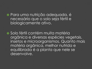  Para uma nutrição adequada, é 
necessário que o solo seja fértil e 
biologicamente ativo. 
 Solo fértil contém muita matéria 
orgânica e diversas espécies vegetais, 
insetos e microorganismos. Quanto mais 
matéria orgânica, melhor nutrida e 
equilibrada é a planta que nele se 
desenvolve. 
 