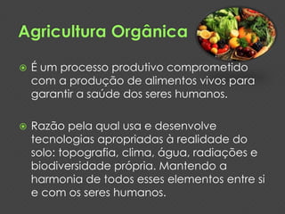  É um processo produtivo comprometido 
com a produção de alimentos vivos para 
garantir a saúde dos seres humanos. 
 Razão pela qual usa e desenvolve 
tecnologias apropriadas à realidade do 
solo: topografia, clima, água, radiações e 
biodiversidade própria. Mantendo a 
harmonia de todos esses elementos entre si 
e com os seres humanos. 
 