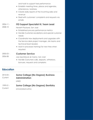Education
and tools to support task performance
Establish meeting times, places and agendas,
attendance, tardiness
Create daily reports of the incoming sales and
revenue
Deal with customers' complaints and requests via
emails
ITO Support Specialist III, Team Lead
Hewlett Packard, San José
Established process performance metrics
Handle Customer escalations and special customer
needs
Coordinate new deployments and upgrades with
the Service desk project manager, site teams and
technical team leaders
Assist in processes trainings for new hires when
required
2006-11 -
2008-10
Customer Service
Jazz Sportsbook & Casino, San José
Handle Costumers calls, deposits, withdraws,
bonuses, requests and complains
2000-03 -
2006-08
Some College (No Degree): Business
Administration
UNED
2010-05 -
Current
Some College (No Degree): Dentistry
Universidad Latina
1999-01 -
Current
 
