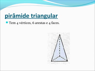 pirâmide triangular
Tem 4 vértices, 6 arestas e 4 faces.
 