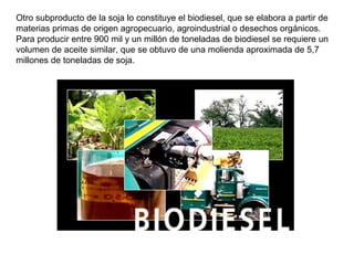 Otro subproducto de la soja lo constituye el biodiesel, que se elabora a partir de
materias primas de origen agropecuario, agroindustrial o desechos orgánicos.
Para producir entre 900 mil y un millón de toneladas de biodiesel se requiere un
volumen de aceite similar, que se obtuvo de una molienda aproximada de 5,7
millones de toneladas de soja.
 