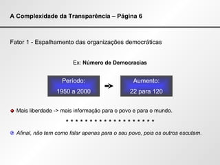 A Complexidade da Transparência – Página 6 Fator 1 - Espalhamento das organizações democráticas Ex:  Número de Democracias Mais liberdade -> mais informação para o povo e para o mundo. * * * * * * * * * * * * * * * * * * * Afinal, não tem como falar apenas para o seu povo, pois os outros escutam. Período: 1950 a 2000 Aumento: 22 para 120 