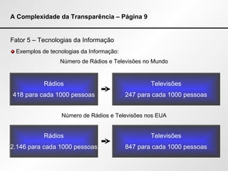 A Complexidade da Transparência – Página 9 Fator 5 – Tecnologias da Informação Exemplos de tecnologias da Informação: Número de Rádios e Televisões no Mundo Número de Rádios e Televisões nos EUA Rádios 418 para cada 1000 pessoas Televisões 247 para cada 1000 pessoas Rádios 2.146 para cada 1000 pessoas Televisões 847 para cada 1000 pessoas 