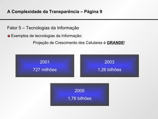 A Complexidade da Transparência – Página 9 Fator 5 – Tecnologias da Informação Exemplos de tecnologias da Informação: Projeção de Crescimento dos Celulares é  GRANDE ! 2001 727 milhões 2003 1,26 bilhões 2005 1,76 bilhões 