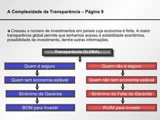 A Complexidade da Transparência – Página 9 Cresceu o número de investimentos em países cuja economia é forte. A maior transparência global permite que tenhamos acesso à estabilidade econômica, possibilidade de investimento, dentre outras informações. Quem é seguro Sinônimo de Garantia Transparência GLOBAL Quem não é seguro Quem tem economia estável Quem não tem economia estável Sinônimo de Falta de Garantia BOM para Investir RUIM para Investir 