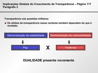 Implicações Globais do Crescimento da Transparência – Página 117 Parágrafo 3 Transparência nas questões militares: Os efeitos da transparência nesse contexto também dependem do que é revelado. Paz Violência X Demonstração de vulnerabilidade Demonstração de estabilidade DUALIDADE presente novamente 