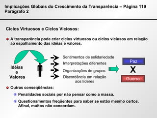 Implicações Globais do Crescimento da Transparência – Página 119 Parágrafo 2 Ciclos Virtuosos e Ciclos Viciosos: A transparência pode criar ciclos virtuosos ou ciclos viciosos em relação ao espalhamento das idéias e valores. Outras conseqüências: Penalidades sociais por não pensar como a massa.  Questionamentos freqüentes para saber se estão mesmo certos. Afinal, muitos não concordam. Idéias  e  Valores  Sentimentos de solidariedade Interpretações diferentes Organizações de grupos Discordância em relação aos líderes Paz Guerra X 