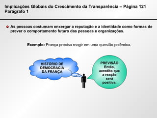 Implicações Globais do Crescimento da Transparência – Página 121 Parágrafo 1 As pessoas costumam enxergar a reputação e a identidade como formas de prever o comportamento futuro das pessoas e organizações. Exemplo:  França precisa reagir em uma questão polêmica.  HISTÓRIO DE DEMOCRACIA DA FRANÇA PREVISÃO Então, acredito que a reação será positiva. 