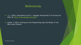 Referencias
 C++. (2016). Information on the C++ language. Recuperado el 27 de marzo de
2016, de http://www.cplusplus.com/info/
 Gaddis, T. (2013). Starting out with Programming Logic and Design (3rd ed).
New Jersey: Pearson.
Mi lenguaje de preferencia 11
 