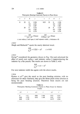 224                                                   A. G. Miller


                                          TABLE 5
                     Three-point Bending Constraint Factors in Plane Strain

              r          l           b           c                   r       1            b        c

              0         22         0           1"224            0-25         22         0      1'218
                                   0-5         1"251                                    0-5    1"245
                                   1"0         1-287                                    1"0    1"281
                       20          0           1"216                         20         0      1'210
                                   0"5         t'243                                    0'5    l'238
                                   1-0         1"279                                    1"0    1"274

                                  4M                              4M
                         c = - - - - - - -a)
                             a,(t          ~   (Tresca)      1"155~rr(t a) 2 (Mises)
                                                                      -

         r, root radius; l, half span; b, half indenter width; t, thickness = 10.

2.10.2
Haigh    a n d R i c h a r d s 16 q u o t e     the nearly identical result:

                                   4M
                                   O.yt2 =     1"22(1 - X) 2             X > 0"18


2.10.3
Ewing 34 considered the geometry shown in Fig. 15(c) and calculated the
effect of notch root radius r and indenter radius b (approximating the
indenter by a flat punch). The results are shown in Table 5, with
                                                4M
                                                ayt" = c(1 -     x) 2


For zero indenter width this agrees with the above results.

2.10.4
K u m a r et al. 25 give the result as the pure bending solution, with no
allowance for shear. Similarly, they give the Mises plane stress solution as
being the pure bending solution. Therefore these results are not
recommended.
                                     TABLE 6
         Three-point Bending Constraint Factors in Plane Strain for Shallow
                                       Cracks

               a/t             c                     a/t        c                 a/t          c

              0              1'12                0"08         1'190               0.13        1"211
              0"03           1-152               0"10         1'199               0-15        1"215
              0"05           1"170                                                0.177       1"218
 