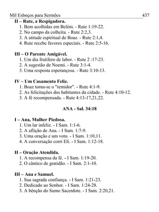 Mil Esboços para Sermões
II – Rute, a Respigadora.
1. Bem acolhidas em Belém. - Rute 1:19-22.
2. No campo da colheita. - Rute 2:2,3.
3. A atitude espiritual de Boaz. - Rute 2:1,4.
4. Rute recebe favores especiais. - Rute 2:5-16.
III – O Parente Amigável.
1. Um dia frutífero de labor. - Rute 2 :17-23.
2. A sugestão de Noemi. - Rute 3:1-4.
3. Uma resposta esperançosa. - Rute 3:10-13.
IV – Um Casamento Feliz.
1. Boaz torna-se o "remidor". - Rute 4:1-9.
2. As felicitações dos habitantes da cidade. - Rute 4:10-12.
3. A fé recompensada. - Rute 4:13-17,21,22.
ANA - Sal. 34:18
I – Ana, Mulher Piedosa.
1. Um lar infeliz. - I Sam. 1:1-6.
2. A aflição de Ana. - I Sam. 1:7-9.
3. Uma oração e um voto. - I Sam. 1:10,11.
4. A conversação corri Eli. - I Sam. 1:12-18.
II – Oração Atendida.
1. A recompensa da fé. - I Sam. 1:19-20.
2. O cântico de gratidão. - I Sam. 2:1-10.
III – Ana e Samuel.
1. Sua sagrada confiança. - I Sam. 1:21-23.
2. Dedicado ao Senhor. - I Sam. 1:24-28.
3. A bênção do Sumo Sacerdote. - I Sam. 2:20,21.
437
 