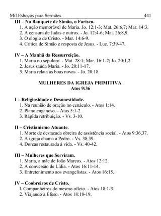 Mil Esboços para Sermões
III – No Banquete de Simão, o Fariseu.
1. A ação memorável de Maria. Jo. 12:1-3; Mat. 26:6,7; Mar. 14:3.
2. A censura de Judas e outros. - Jo. 12:4-6; Mat. 26:8,9.
3. O elogio de Cristo. - Mar. 14:6-9.
4. Crítica de Simão e resposta de Jesus. - Luc. 7:39-47.
IV – A Manhã da Ressurreição.
1. Maria no sepulcro. - Mat. 28:1; Mar. 16:1-2; Jo. 20:1,2.
2. Jesus saúda Maria. - Jo. 20:11-17.
3. Maria relata as boas novas. - Jo. 20:18.
MULHERES DA IGREJA PRIMITIVA
Atos 9:36
I – Religiosidade e Desonestidade.
1. Na reunião de oração no cenáculo. - Atos 1:14.
2. Plano enganoso. - Atos 5:1-2.
3. Rápida retribuição. - Vs. 3-10.
II – Cristianismo Atuante.
1. Morte de destacada obreira de assistência social. - Atos 9:36,37.
2. A igreja chama a Pedro. - Vs. 38,39.
4. Dorcas restaurada à vida. - Vs. 40-42.
III – Mulheres que Serviram.
1. Maria, a mãe de João Marcos. - Atos 12:12.
2. A conversão de Lídia. - Atos 16:11-14.
3. Entretenimento aos evangelistas. - Atos 16:15.
IV – Coobreiros de Cristo.
l. Companheiros do mesmo ofício. - Atos 18:1-3.
2. Viajando a Éfeso. - Atos 18:18-19.
441
 