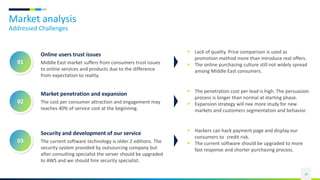 Market analysis
Addressed Challenges
19
01
Online users trust issues
Middle East market suffers from consumers trust issues
to online services and products due to the difference
from expectation to reality.
 Lack of quality. Price comparison is used as
promotion method more than introduce real offers.
 The online purchasing culture still not widely spread
among Middle East consumers.
02
Market penetration and expansion
The cost per consumer attraction and engagement may
reaches 40% of service cost at the beginning.
 The penetration cost per lead is high. The persuasion
process is longer than normal at starting phase.
 Expansion strategy will nee more study for new
markets and customers segmentation and behavior.
03
Security and development of our service
The current software technology is older 2 editions. The
security system provided by outsourcing company but
after consulting specialist the server should be upgraded
to AWS and we should hire security specialist.
 Hackers can hack payment page and display our
consumers to credit risk.
 The current software should be upgraded to more
fast response and shorter purchasing process.
 