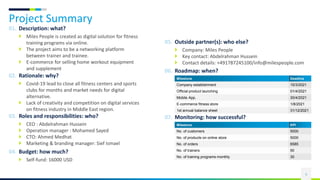 Project Summary
3
Description: what?
01.
 Miles People is created as digital solution for fitness
training programs via online.
 The project aims to be a networking platform
between trainer and trainee.
 E-commerce for selling home workout equipment
and supplement
Rationale: why?
02.
 Covid-19 lead to close all fitness centers and sports
clubs for months and market needs for digital
alternative.
 Lack of creativity and competition on digital services
on fitness industry in Middle East region.
Roles and responsibilities: who?
03.
 CEO : Abdelrahman Hussein
 Operation manager : Mohamed Sayed
 CTO: Ahmed Medhat
 Marketing & branding manager: Sief Ismael
Budget: how much?
04.
 Self-fund: 16000 USD
Outside partner(s): who else?
05.
 Company: Miles People
 Key contact: Abdelrahman Hussein
 Contact details: +491787245100/info@milespeople.com
Roadmap: when?
06.
Milestone Deadline
Company establishment 15/3/2021
Official product launching 01/4/2021
Mobile App. 30/4/2021
E-commerce fitness store 1/8/2021
1st annual balance sheet 31/12/2021
Monitoring: how successful?
07.
Milestone KPI
No. of customers 5000
No. of products on online store 5000
No. of orders 6585
No. of trainers 50
No. of training programs monthly 30
 