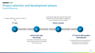 Project selection and development phases
Project Milestones
7
05. 06. 07. 08.
1St sale
Cost to sale ratio
decreasing
Hired a mentor
2nd launch after product
development
In August 2020, we succeed to make 1st
sale.
In November 2020, We asked Mr. Mohamed
Mostafa, Chief Growth Officer of Nagwa to
be our monitor and he accepted.
In January 2021, we have acquired 13
customers and our prototype is
optimized for full operation.
In October and November, we have
noticed improvement in marketing
cost to sales ratio.
 