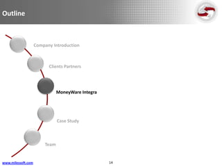 Outline



                    Company Introduction



                          Clients Partners




                               MoneyWare Integra




                               Case Study



                        Team


www.milessoft.com                                  14
 