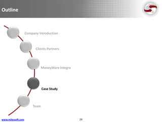 Outline



                    Company Introduction



                          Clients Partners




                               MoneyWare Integra




                               Case Study



                        Team


www.milessoft.com                                  29
 