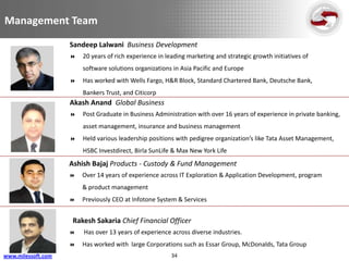 Management Team
                    Sandeep Lalwani Business Development
                       20 years of rich experience in leading marketing and strategic growth initiatives of
                        software solutions organizations in Asia Pacific and Europe
                       Has worked with Wells Fargo, H&R Block, Standard Chartered Bank, Deutsche Bank,
                        Bankers Trust, and Citicorp
                    Akash Anand Global Business
                       Post Graduate in Business Administration with over 16 years of experience in private banking,
                        asset management, insurance and business management
                       Held various leadership positions with pedigree organization’s like Tata Asset Management,
                        HSBC Investdirect, Birla SunLife & Max New York Life
                    Ashish Bajaj Products - Custody & Fund Management
                       Over 14 years of experience across IT Exploration & Application Development, program
                        & product management
                       Previously CEO at Infotone System & Services


                     Rakesh Sakaria Chief Financial Officer
                       Has over 13 years of experience across diverse industries.
                       Has worked with large Corporations such as Essar Group, McDonalds, Tata Group
www.milessoft.com                                        34
 