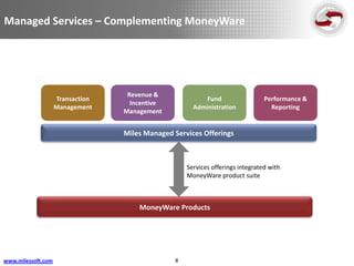 Managed Services – Complementing MoneyWare




                                   Revenue &
                    Transaction                          Fund                   Performance &
                                    Incentive
                    Management                        Administration              Reporting
                                  Management


                                  Miles Managed Services Offerings



                                                    Services offerings integrated with
                                                    MoneyWare product suite



                                      MoneyWare Products




www.milessoft.com                               8
 