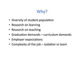 Why?	
  
•  Diversity	
  of	
  student	
  popula4on	
  
•  Research	
  on	
  learning	
  
•  Research	
  on	
  teaching	
  
•  Gradua4on	
  demands	
  –	
  curriculum	
  demands	
  
•  Employer	
  expecta4ons	
  
•  Complexity	
  of	
  the	
  job	
  –	
  isola4on	
  vs	
  team	
  
 