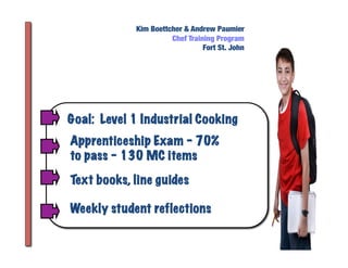 Kim Boettcher & Andrew Paumier
Chef Training Program
Fort St. John
Goal: Level 1 Industrial Cooking
Apprenticeship Exam - 70%
to pass - 130 MC items
Text books, line guides
Weekly student reflections
 