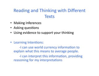 Reading	
  and	
  Thinking	
  with	
  Diﬀerent	
  
Texts	
  
•  Making	
  Inferences	
  
•  Asking	
  ques4ons	
  
•  Using	
  evidence	
  to	
  support	
  your	
  thinking	
  
•  Learning	
  Inten4ons:	
  	
  	
  
	
  	
   	
  -­‐I	
  can	
  use	
  world	
  currency	
  informa4on	
  to	
  
explain	
  what	
  this	
  means	
  to	
  average	
  people.	
  
	
  	
   	
  -­‐I	
  can	
  interpret	
  this	
  informa4on,	
  providing	
  
reasoning	
  for	
  my	
  interpreta4ons	
  
 
