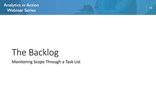 10
The Backlog
Monitoring Scope Through a Task List
 