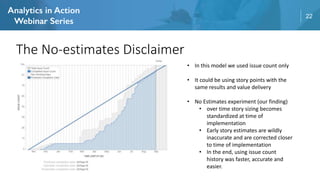 22
The No-estimates Disclaimer
• In this model we used issue count only
• It could be using story points with the
same results and value delivery
• No Estimates experiment (our finding)
• over time story sizing becomes
standardized at time of
implementation
• Early story estimates are wildly
inaccurate and are corrected closer
to time of implementation
• In the end, using issue count
history was faster, accurate and
easier.
 