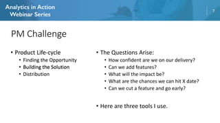 7
• Product Life-cycle
• Finding the Opportunity
• Building the Solution
• Distribution
PM Challenge
• Building the Solution
• The Questions Arise:
• How confident are we on our delivery?
• Can we add features?
• What will the impact be?
• What are the chances we can hit X date?
• Can we cut a feature and go early?
• Here are three tools I use.
 
