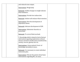 and reduced urine output.
Intervention: Weigh daily
Rationale: Sudden changes in weight indicate
fluid imbalance.
Intervention: Provide low sodium diet.
Rationale: Sodium will enhance fluid retention.
Intervention: Note the development of
dependent edema.
Rationale: Indicates development of CHF.
Intervention: Administer diuretics as
prescribed.
Rationale: To correct fluid overload.
V. Knowledge deficit related to lack of factual
information regarding implications of heart
disease and future health status manifested by
anxiety, worries, gloomy face etc.
Interventions: Assess patient's level -of
knowledge and ability to learn.
Rationale: It is necessary to create individual
instruction plan.
Intervention: Educate the patient about basic
informations regarding M.I., its cause,

 