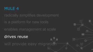 17
radically simplifies development
MULE 4
is a platform for new tools
drives reuse
enables management at scale
will provide easy migration
 