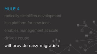 23
radically simplifies development
MULE 4
is a platform for new tools
drives reuse
enables management at scale
will provide easy migration
 
