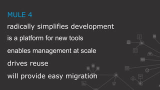 3
radically simplifies development
MULE 4
is a platform for new tools
drives reuse
enables management at scale
will provide easy migration
 