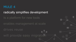 4
radically simplifies development
MULE 4
Is a platform for new tools
drives reuse
enables management at scale
will provide easy migration
 