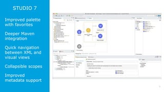 9
STUDIO 7
Improved palette
with favorites
Deeper Maven
integration
Quick navigation
between XML and
visual views
Collapsible scopes
Improved
metadata support
 