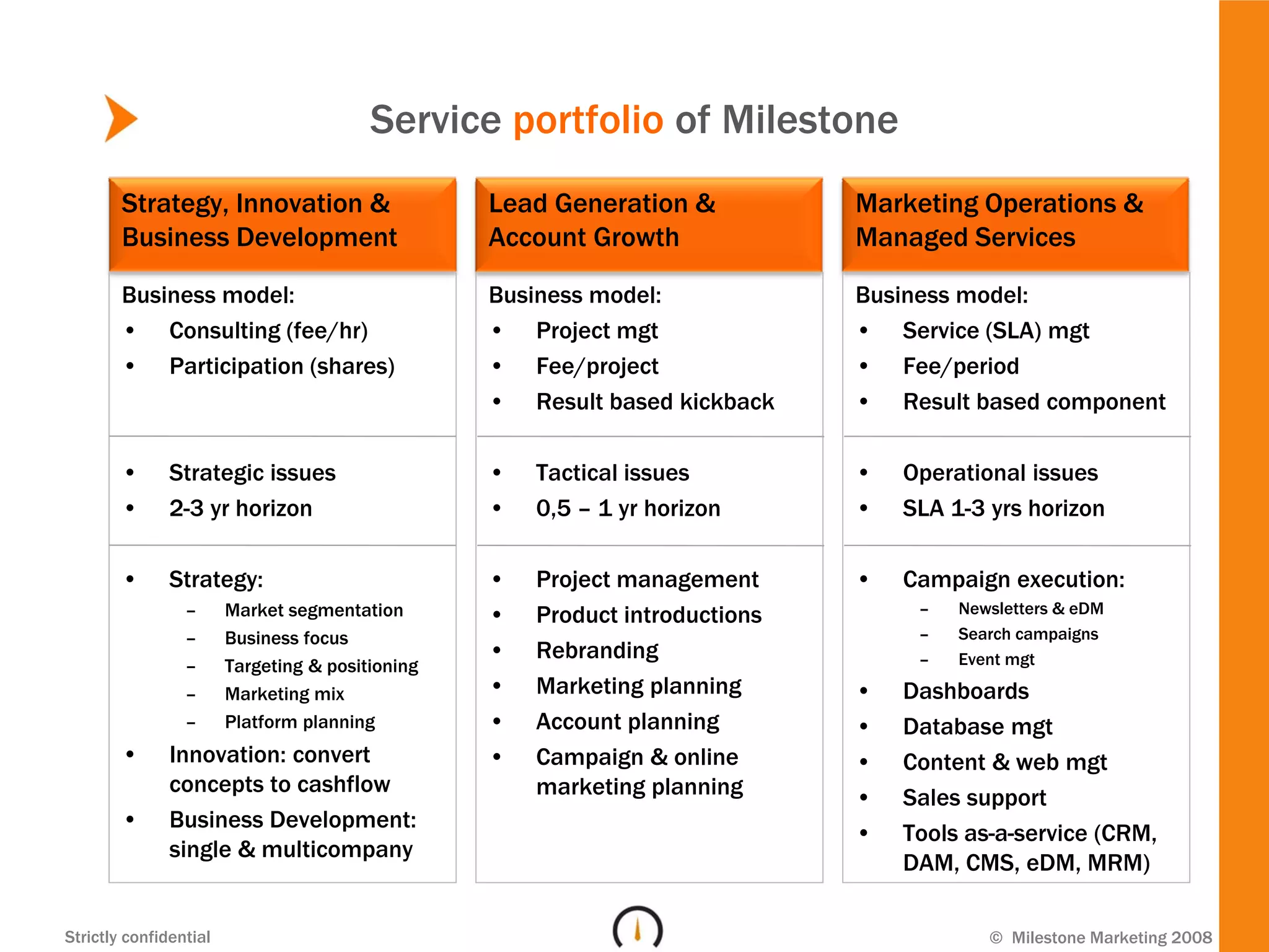 Service portfolio of Milestone
        Strategy, Innovation &                    Lead Generation &           Marketing Operations &
        Business Development                      Account Growth              Managed Services

        Business model:                           Business model:             Business model:
        • Consulting (fee/hr)                     • Project mgt               • Service (SLA) mgt
        • Participation (shares)                  • Fee/project               • Fee/period
                                                  • Result based kickback     • Result based component

        •      Strategic issues                   •   Tactical issues         •   Operational issues
        •      2-3 yr horizon                     •   0,5 – 1 yr horizon      •   SLA 1-3 yrs horizon

        •      Strategy:                          •   Project management      •   Campaign execution:
                 –      Market segmentation       •   Product introductions        –   Newsletters & eDM
                 –      Business focus                                             –   Search campaigns
                                                  •   Rebranding                   –   Event mgt
                 –      Targeting & positioning
                 –      Marketing mix             •   Marketing planning      •   Dashboards
                 –      Platform planning         •   Account planning        •   Database mgt
        •      Innovation: convert                •   Campaign & online       •   Content & web mgt
               concepts to cashflow                   marketing planning      •   Sales support
        •      Business Development:
                                                                              •   Tools as-a-service (CRM,
               single & multicompany
                                                                                  DAM, CMS, eDM, MRM)

Strictly confidential                                                                     © Milestone Marketing 2008
 
