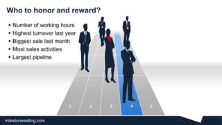 milestoneselling.com
1 2 3 4 5
Who to honor and reward?
 Number of working hours
 Highest turnover last year
 Biggest sale last month
 Most sales activities
 Largest pipeline
 