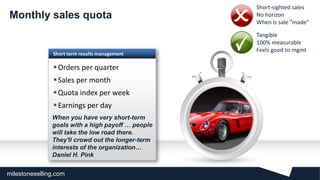milestoneselling.com
Short term results management
Orders per quarter
Sales per month
Quota index per week
Earnings per day
Monthly sales quota
When you have very short-term
goals with a high payoff … people
will take the low road there.
They'll crowd out the longer-term
interests of the organization…
Daniel H. Pink
• Short-sighted sales
• No horizon
• When is sale ”made”
• Tangible
• 100% measurable
• Feels good to mgmt
 