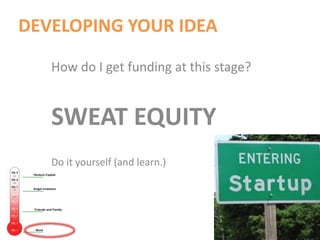 DEVELOPING YOUR IDEA
How do I get funding at this stage?
Do it yourself (and learn.)
SWEAT EQUITY
 