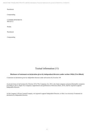 31
MILESTONE TRADELINKS PRIVATE LIMITED Standalone Financial Statements for period 01/04/2014 to 31/03/2015
Punishment
Compounding
C.OTHER OFFICERS IN
DEFAULT
Penalty
Punishment
Compounding
Textual information (11)
Disclosure of statement on declaration given by independent directors under section 149(6) [Text Block]
A statement on declaration given by independent directors under sub-section (6) of section 149:
As per provisions of sub-section (4) of Section 149 of The Companies Act, 2013, only listed companies and prescribed public companies
(according to rule 4, chapter XI, Companies (Appointment and qualification of Directors) Rules, 2014), shall be required to appoint
Independent Directors.
As the Company is Private Limited Company, not required to appoint Independent Directors, so there is no necessity of statement on
declaration by independent directors.
 