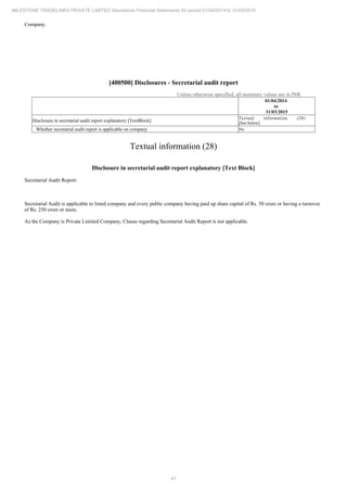 41
MILESTONE TRADELINKS PRIVATE LIMITED Standalone Financial Statements for period 01/04/2014 to 31/03/2015
Company.
[400500] Disclosures - Secretarial audit report
Unless otherwise specified, all monetary values are in INR
01/04/2014
to
31/03/2015
Disclosure in secretarial audit report explanatory [TextBlock]
Textual information (28)
[See below]
Whether secretarial audit report is applicable on company No
Textual information (28)
Disclosure in secretarial audit report explanatory [Text Block]
Secretarial Audit Report:
Secretarial Audit is applicable to listed company and every public company having paid up share capital of Rs. 50 crore or having a turnover
of Rs. 250 crore or more.
As the Company is Private Limited Company, Clause regarding Secretarial Audit Report is not applicable.
 