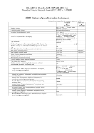 MILESTONE TRADELINKS PRIVATE LIMITED
Standalone Financial Statements for period 01/04/2020 to 31/03/2021
[400100] Disclosure of general information about company
Unless otherwise specified, all monetary values are in INR
01/04/2020
to
31/03/2021
01/04/2019
to
31/03/2020
Name of company
MILESTONE TRADELINKS
PRIVATE LIMITED
Corporate identity number U51909GJ2001PTC039872
Permanent account number of entity AACCM9423C
Address of registered office of company
203, ANAND MILAN COMPLEX,
, OPP. NAVRANGPURA JAIN
DERASAR, NAVRANGPURA ,
AHMEDABAD , AHMEDABAD ,
GUJARAT , INDIA - 380009
Type of industry
C o m m e r c i a l a n d
Industrial
Number of employees in the company at the end of the financial Year [pure] 1
Whether company has published sustainability report for the financial
Year
No
Date of board meeting when final accounts were approved 04/11/2021
Date of start of reporting period 01/04/2020 01/04/2019
Date of end of reporting period 31/03/2021 31/03/2020
Nature of report standalone consolidated Standalone
Content of report Financial Statements
Description of presentation currency INR
Level of rounding used in financial statements Actual
Type of cash flow statement Indirect Method
Whether company is maintaining books of account and other
relevant books and papers in electronic form
Yes
Complete postal address of place of maintenance of computer
servers (storing accounting data)
203, ANAND MILAN
C O M P L E X , O P P .
N A V R A N G P U R A
J A I N D E R A S A R ,
NAVRANGPURA AHMEDABAD
Ahmedabad GJ 380009 IN
Name of city of place of maintenance of computer servers (storing
accounting data)
Ahmedabad
Name of state/ union territory of place of maintenance of
computer servers (storing accounting data)
Gujarat
Pin code of place of maintenance of computer servers (storing
accounting data)
380009
Name of district of place of maintenance of computer servers
(storing accounting data)
Ahmedabad
ISO country code of place of maintenance of computer servers
(storing accounting data)
+91
Name of country of place of maintenance of computer servers
(storing accounting data)
India
Phone (with STD/ ISD code) of place of maintenance of computer
servers (storing accounting data) 9824422870
 