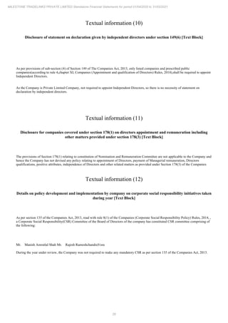 28
MILESTONE TRADELINKS PRIVATE LIMITED Standalone Financial Statements for period 01/04/2020 to 31/03/2021
Textual information (10)
Disclosure of statement on declaration given by independent directors under section 149(6) [Text Block]
As per provisions of sub-section (4) of Section 149 of The Companies Act, 2013, only listed companies and prescribed public
companies(according to rule 4,chapter XI, Companies (Appointment and qualification of Directors) Rules, 2014),shall be required to appoint
Independent Directors.
As the Company is Private Limited Company, not required to appoint Independent Directors, so there is no necessity of statement on
declaration by independent directors.
Textual information (11)
Disclosure for companies covered under section 178(1) on directors appointment and remuneration including
other matters provided under section 178(3) [Text Block]
The provisions of Section 178(1) relating to constitution of Nomination and Remuneration Committee are not applicable to the Company and
hence the Company has not devised any policy relating to appointment of Directors, payment of Managerial remuneration, Directors
qualifications, positive attributes, independence of Directors and other related matters as provided under Section 178(3) of the Companies
Textual information (12)
Details on policy development and implementation by company on corporate social responsibility initiatives taken
during year [Text Block]
As per section 135 of the Companies Act, 2013, read with rule 8(1) of the Companies (Corporate Social Responsibility Policy) Rules, 2014, ,
a Corporate Social Responsibility(CSR) Committee of the Board of Directors of the company has constituted CSR committee comprising of
the following:
Mr. Manish Amrutlal Shah Mr. Rajesh RameshchandraVora
During the year under review, the Company was not required to make any mandatory CSR as per section 135 of the Companies Act, 2013.
 