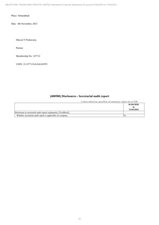 43
MILESTONE TRADELINKS PRIVATE LIMITED Standalone Financial Statements for period 01/04/2020 to 31/03/2021
Place: Ahmedabad
Date : 4th November, 2021
Dhaval V Peshavaria
Partner
Membership No. 147712
UDIN: 21147712AAAAGJ4595
[400500] Disclosures - Secretarial audit report
Unless otherwise specified, all monetary values are in INR
01/04/2020
to
31/03/2021
Disclosure in secretarial audit report explanatory [TextBlock]
Whether secretarial audit report is applicable on company No
 