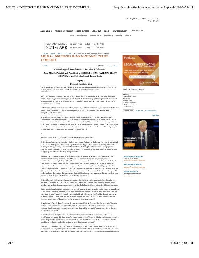 Miles V Deutsche Bank National Trust Company Find Law