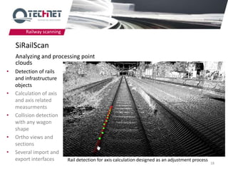Railway scanning

    SiRailScan
    Analyzing and processing point
    clouds
•   Detection of rails
    and infrastructure
    objects
•   Calculation of axis
    and axis related
    measurments
•   Collision detection
    with any wagon
    shape
•   Ortho views and
    sections
•   Several import and
    export interfaces      Rail detection for axis calculation designed as an adjustment process
                                                                                                   18
 