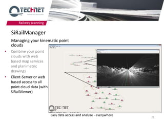 Railway scanning

    SiRailManager
    Managing your kinematic point
    clouds
•   Combine your point
    clouds with web
    based map services
    and planimetric
    drawings
•   Client-Server or web
    based access to all
    point cloud data (with
    SiRailViewer)




                             Easy data access and analyse - everywhere
                                                                         27
 
